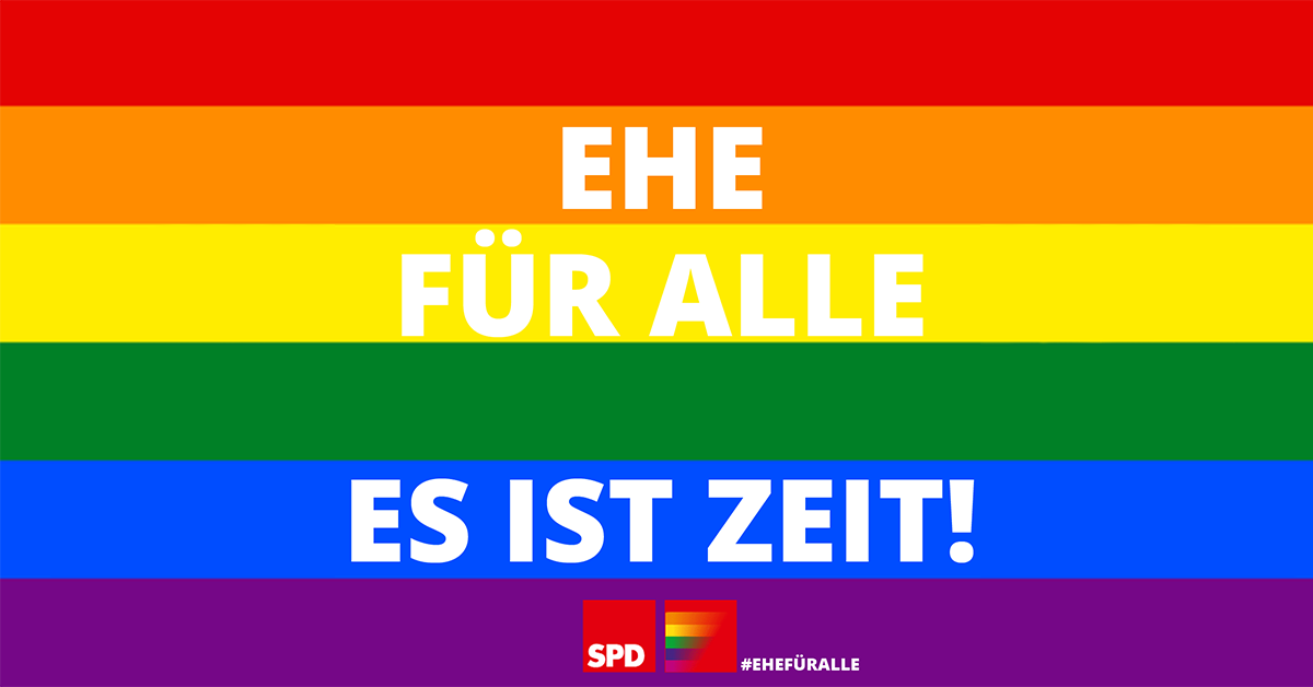 Grafik: Regenbogenflagge mit Schriftzug: Ehe für alle. Es ist Zeit!